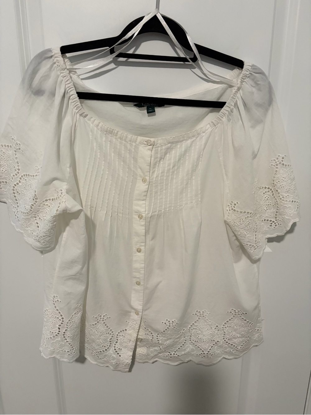 Ralph Lauren White Eyelet Off-Shoulder Button Blouse
